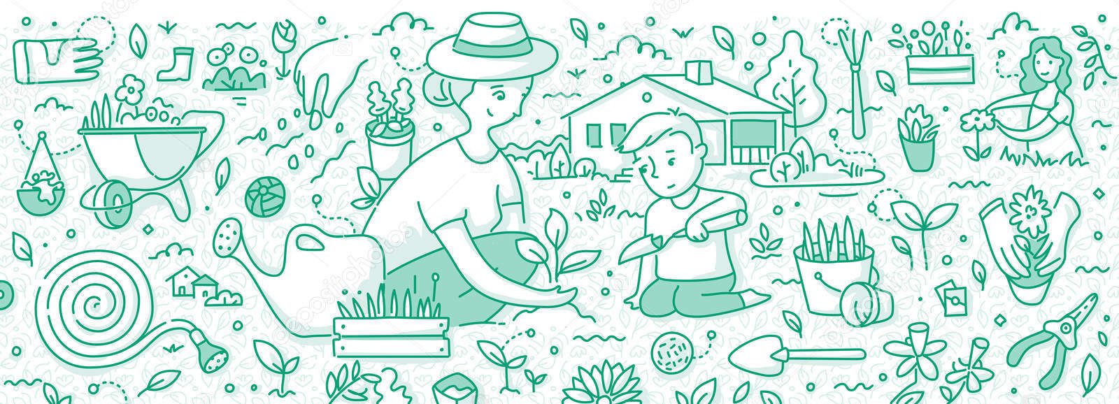 Mother and her little son planting flowers and herds in the garden near the home. Doodle concept of gardening for web banner, hero images and printing materials